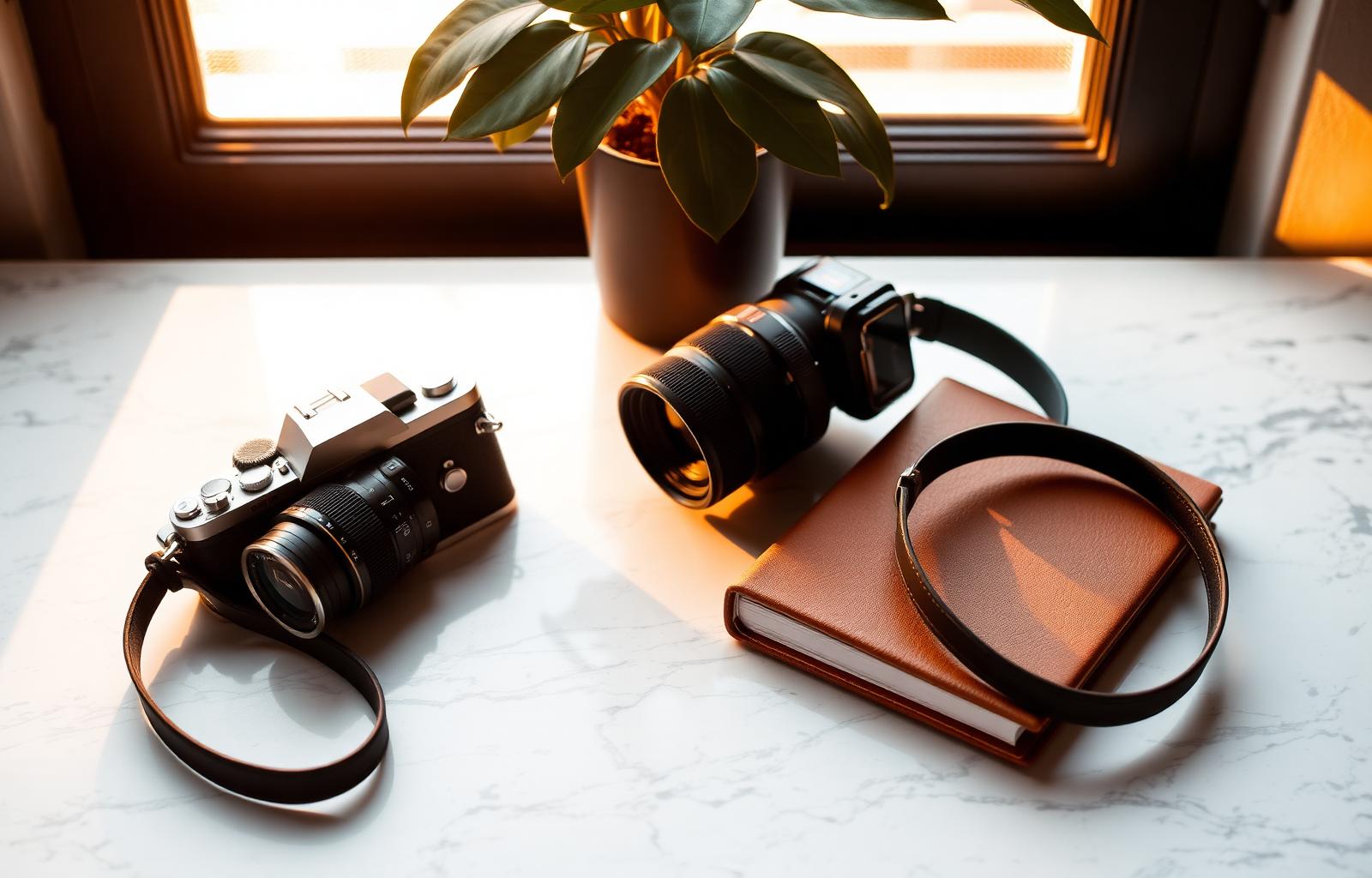 Camera and leather notebook in golden light